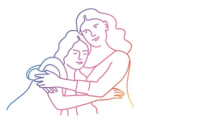 Mom hugs daughter, family time. Rainbow colors in linear vector illustration.