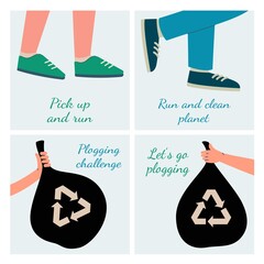Plogging challenge poster set - hands holding garbage bags, running legs