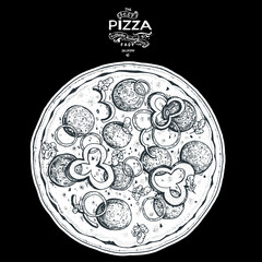 Italian Pizza hand drawn vector illustration. Packaging design template. Sketch illustration.