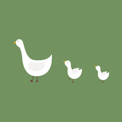 Goose with goslings. Cute vector illustration in flat style. Isolated on a green background. For printing on clothing, textiles, and posters