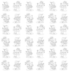 Snowmen. Snow woman. Drying oil. Snowman in man’s clothes. Snowman. New Year's and Christmas. Snowman seamless background with contour pattern.