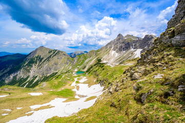 Fototapeta na wymiar Beautiful landscape scenery of the Gaisalpsee and Mountain Entschenkopf and Nebelhorn at Oberstdorf, Allgau Alps, Bavaria, Germany