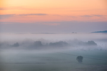 Obraz na płótnie Canvas The fog in the first minutes of dawn in the floodplain of the river Beautiful Sword. Silhouettes of trees in the mist. Tula region. June 2020