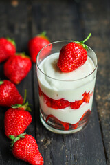 strawberry dessert with cream and mascarpone cottage cheese layers millefeuille Menu concept serving size. food background top view copy space for text keto or paleo diet organic