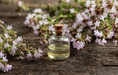 Obraz na płótnie Canvas A transparent bottle of thyme essential oil with blooming thyme