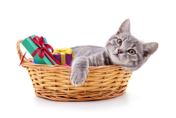 Naklejka na ściany i meble Kitten in the basket and gifts.