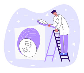 Vector flat illustration doctor standing on staircase, looking through magnifying glass at abstract heart. Concept cardiology, diagnostics, vascular surgery. You can use it in banners, social networks
