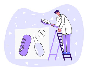 Vector flat illustration doctor standing on staircase, looking through magnifying glass at abstract medicines. Concept clinical pharmacology, therapy. You can use it in banners, social network, etc. 