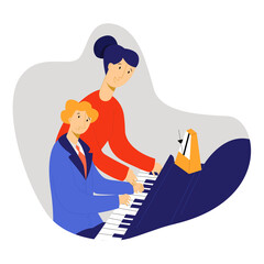 Vector flat illustration child playing piano under supervision of teacher. Concept music schools, studios for children, music education.