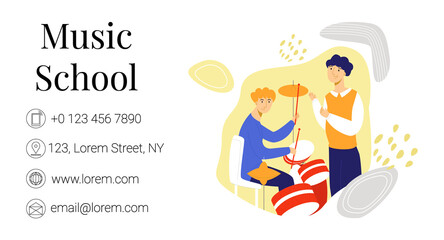 Vector flat illustration layout, business card template of music school with place for information. A child is shown playing drums under supervision of teacher. Suitable for 90x50 format.