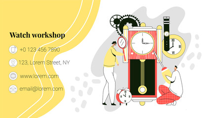 Vector template, business card layout for repair and restoration of watches. Watchmakers who work with old, modern watches are shown. It can be used at size 90x50.
