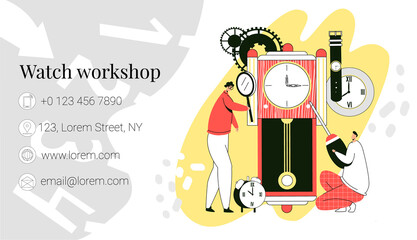 Vector template, business card layout for repair and restoration of watches. Watchmakers who work with old, modern watches are shown. It can be used at size 90x50.