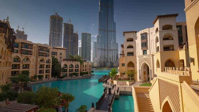 sunny day dubai city downtown famous old town tallest building gulf panorama timelapse 4k united arab emirates  