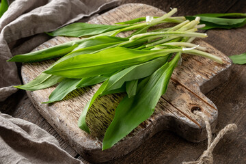 Fresh wild garlic leaves on a rustic background