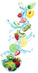 Hand drawn watercolor fruits falling into the glass bowl