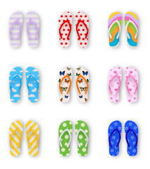 set of isolated colorful flip flops