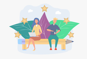 Best performance rating, rating five. People leave feedback and comments, the highest rating for successful work. Colorful vector illustration.