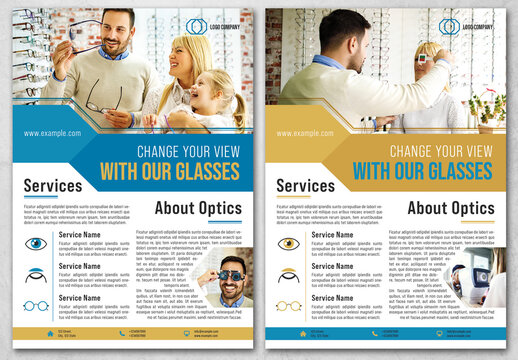 Optometry Flyer Layout with Blue and Yellow Accents