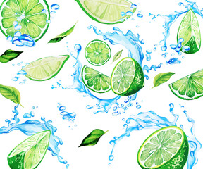 Fototapeta na wymiar watercolor lime slices and leaves among water splashes