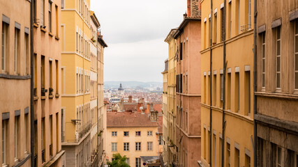 Lyon, typical street in the Croix-Rousse, with colorful buildings

