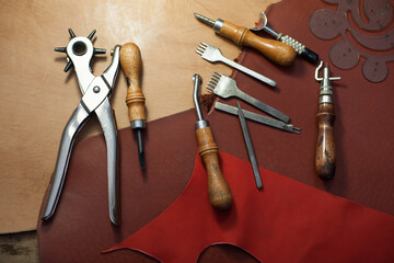 Tools for skin treatment. Leather products . Making wallets and shoes