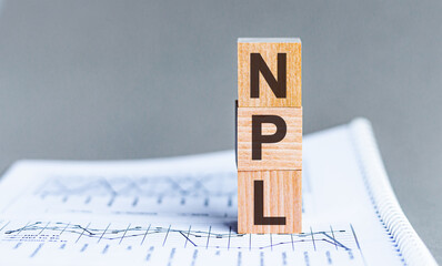 Word NPL - Non Perfoming Loan - acronym concept on cubes and diagrams on a gray background. Business as usual concept image. - obrazy, fototapety, plakaty