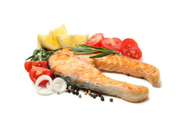 Tasty grilled salmon and ingredients isolated on white background