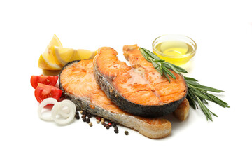 Tasty grilled salmon and ingredients isolated on white background