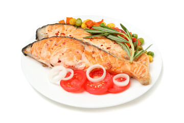 Plate with grilled salmon isolated on white background