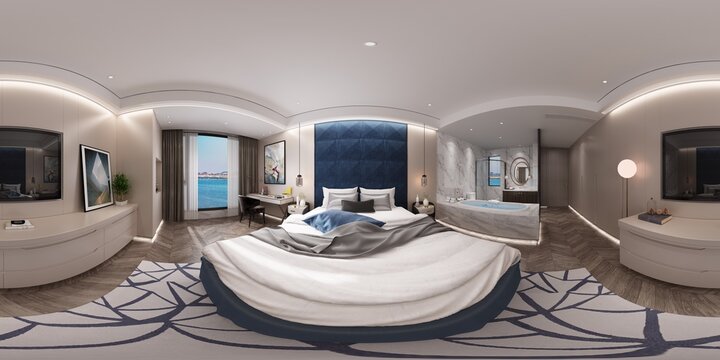 3d render of modern hotel room, 360 degrees view