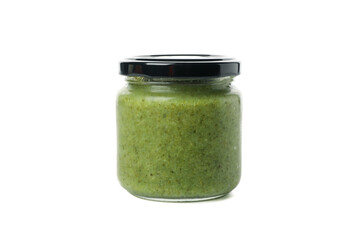 Glass jar with healthy baby food isolated on white background