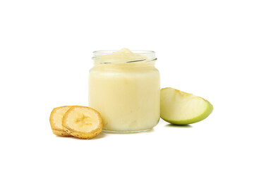 Glass jar with healthy baby food isolated on white background