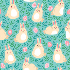 Vector seamless pattern with cute bunnies and Easter eggs. Easter Day background - 356774182