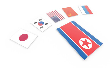 Obraz premium North Korea politics, isolated flags on white. 3d rendering