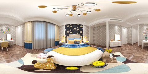 3d render of modern hotel room, 360 degrees view