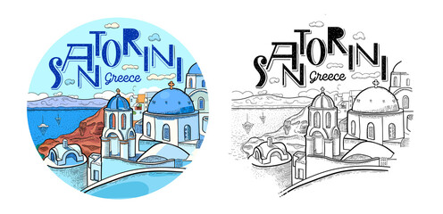 Santorini island, Greece. Beautiful traditional white architecture and Greek Orthodox churches with blue domes over the caldera. Round logo. Vector line art illustration. Color and black and white - obrazy, fototapety, plakaty