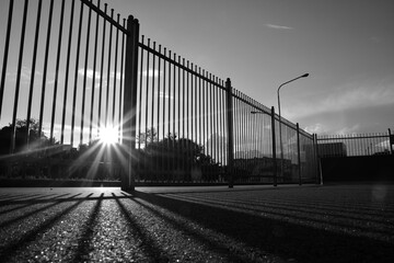 Silhouettes on the skating park with sun rays at sunset. View from bottom.