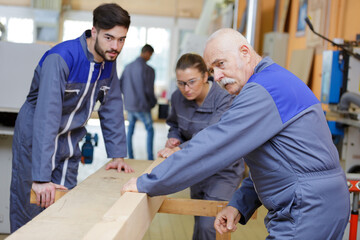 trainee carpenters discussing woodworking project