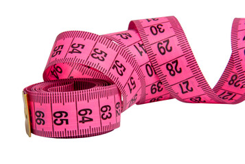 Pink rubber tape measure for sewing cloth or fabric isolated on the white