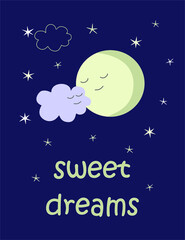 Cute moon and clouds and stars. Childish print for nursery, kids apparel, poster, postcard. Vector Illustration.