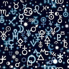 Astrological hieroglyphic signs, Mystic kabbalistic symbols. Deep Night background, Chaotic seamless pattern.