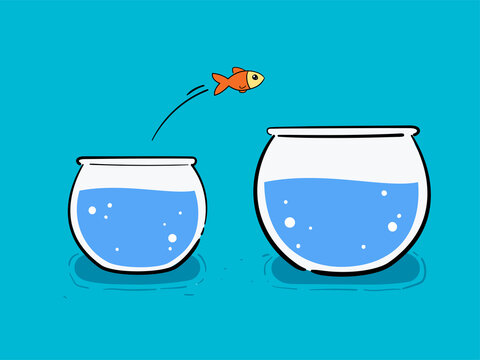 A Gold Fish Is Jumping From Small Pond To A Big One. Vector Illustration