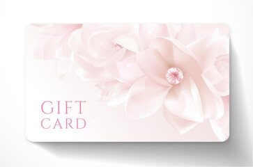 Gift card with beautiful realistic magnolia pink flower isolated on clean background. Template useful for wedding design, women shopping card, 8 March