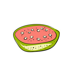 Guava fruit and a slice. Isolated objects. Guava fruit logo. Hand drawn vector illustration on white background. Healthy food. Vitamin food. For brochures, banner, restaurant menu and market