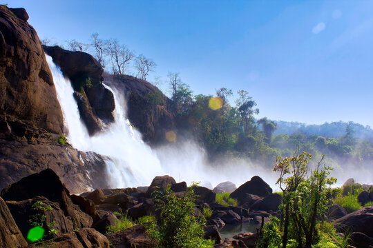 A landscape of a waterfall named Athirapally