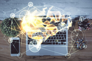 Multi exposure of brain sketch hologram over topview work table background with computer. Concept of big data.