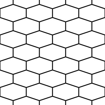 Seamless surface pattern design with elongated hexagons. Honeycomb wallpaper. Mosaic tiles motif. Repeated white polygons tessellation on black background. Digital paper for page fills, web designing.