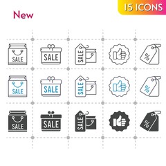 new icon set. included gift, shopping bag, like, price tag icons on white background. linear, bicolor, filled styles.
