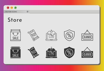 store icon set. included shopping bag, online shop, warranty, closed, trolley icons on white background. linear, filled styles.