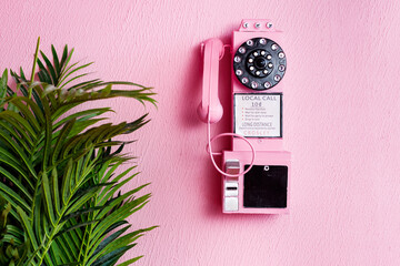 Pink old traditional phone with receiver on pastel pink background and green plant with copy space